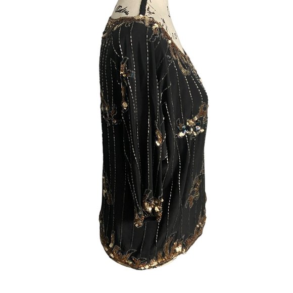 VTG Argenti Womens Black Party Top Size Medium Silk Beaded Sequined Vintage 80s - Picture 4 of 10